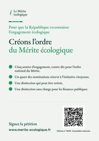 Affichette sur fond clair : le titre, les quatre principes de l’ordre, l’adresse du site et un QR code vers la pétition n° 6876.