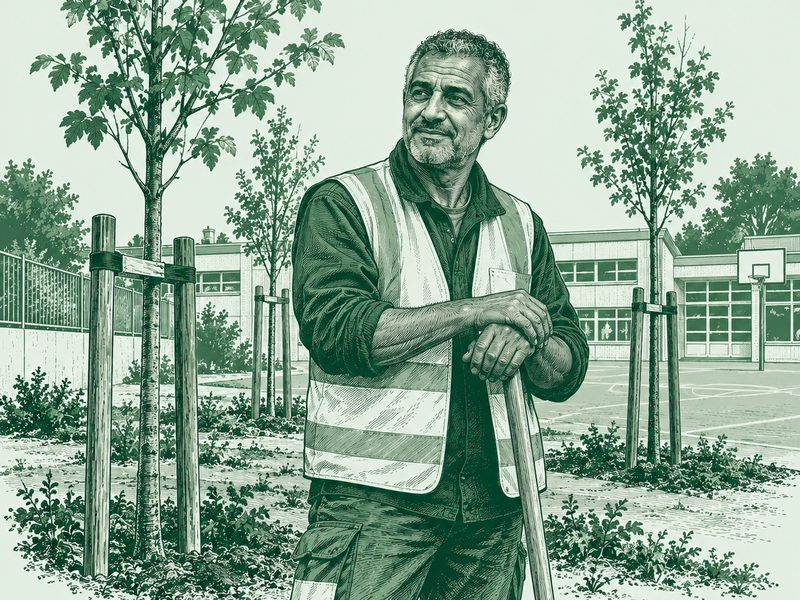 Gravure : un agent en gilet de sécurité, appuyé sur sa bêche, devant les jeunes arbres tuteurés qu’il vient de planter dans une cour d’école.