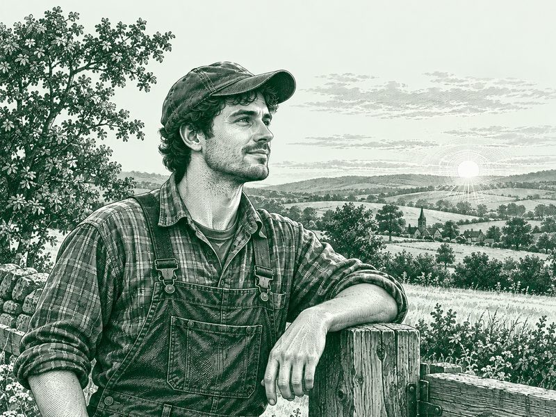 Gravure : un agriculteur en salopette et casquette, accoudé à une barrière de bois, contemple son bocage vallonné au soleil levant.