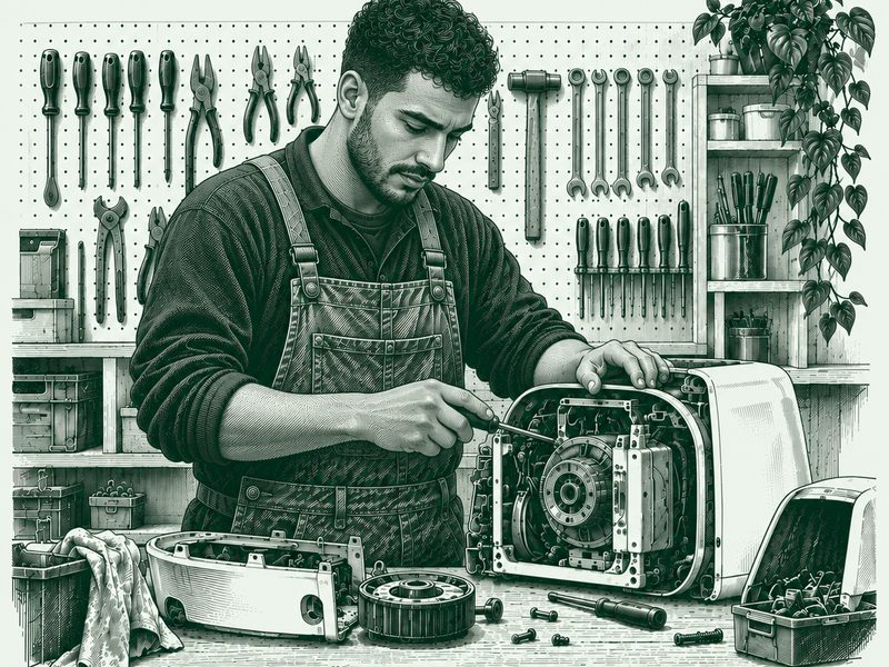 Gravure : un artisan en tablier répare un grille-pain ouvert sur son établi, devant un panneau d’outils.