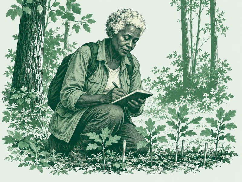 Gravure : une femme âgée, agenouillée en sous-bois parmi de jeunes plants tuteurés, note ses observations dans un carnet.