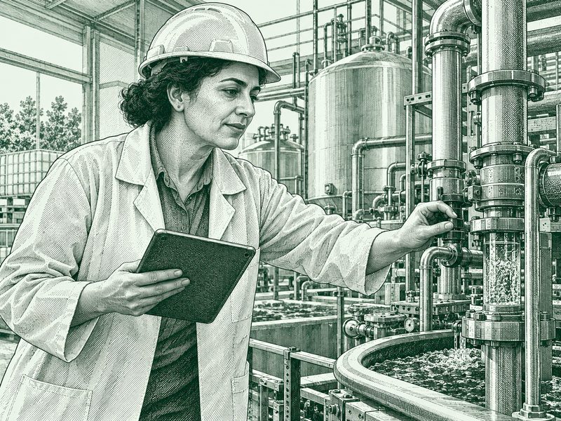 Gravure : une entrepreneure en casque et blouse, tablette en main, règle une vanne sur les canalisations de son usine.