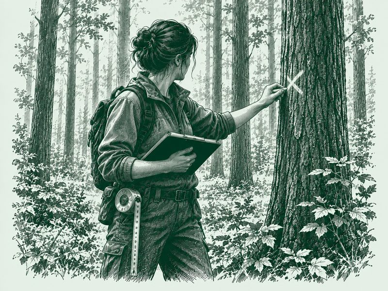 Gravure : une gestionnaire forestière, tablette sous le bras et mètre à la ceinture, marque le tronc d’un arbre dans une futaie.