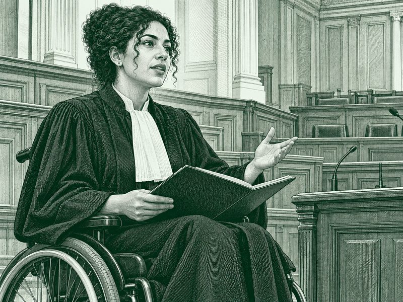Gravure : une juriste en robe, dans un fauteuil roulant, plaide un dossier ouvert sur les genoux dans une salle d’audience.