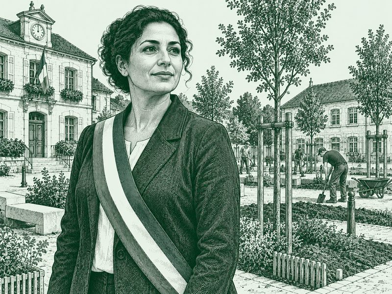 Gravure : une maire ceinte de son écharpe tricolore devant la mairie, sur une place où des employés plantent de jeunes arbres.