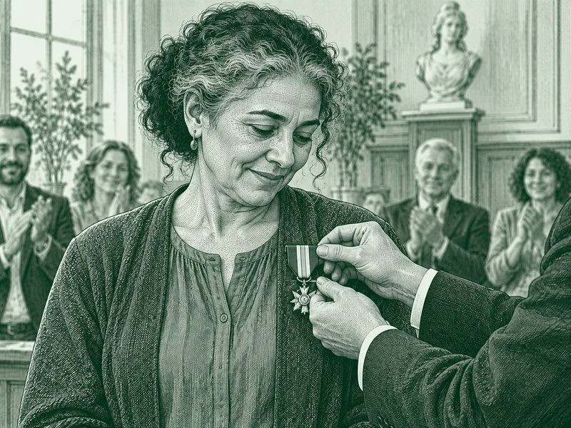 Une femme reçoit une décoration épinglée à son revers, devant une assistance qui applaudit.