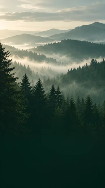 Forêt de résineux et vallons noyés de brume au lever du jour, le bas de l’image plongé dans l’ombre.